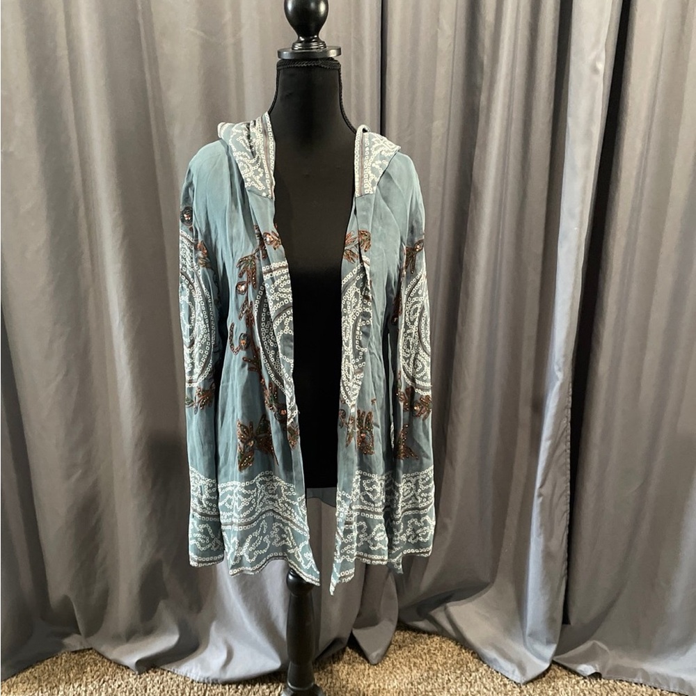 Newport News Teal Hooded Poncho with Brown Embroidery